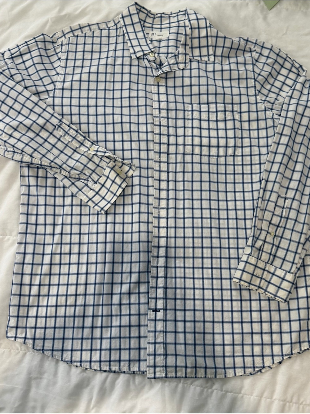 GAP White and Blue Windowpane Plaid Button-Down Shirt